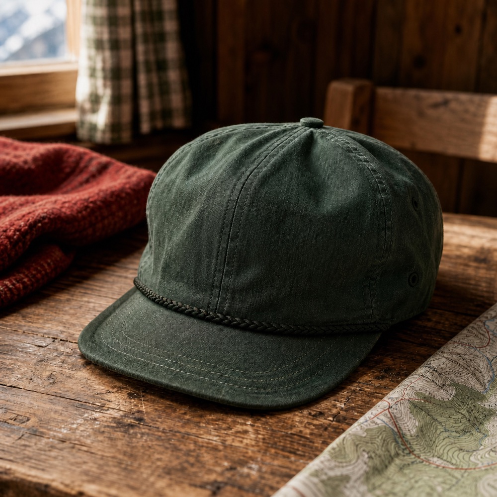 Dark green LASAS field cap on a worn wooden table