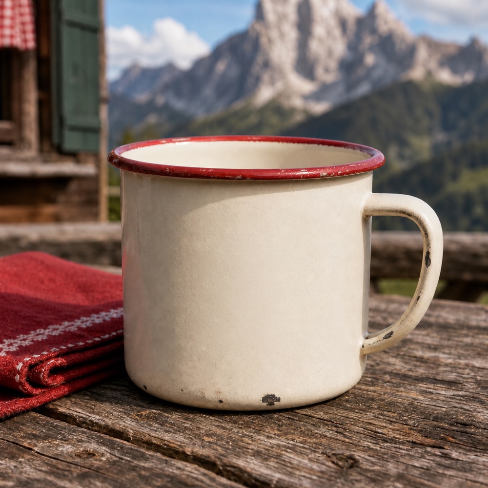 Cream LASAS enamel mug with a red rim on an alpine hut table